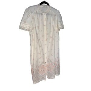 Vintage Deena floral print pearl button down house coat nightgown muumuu lace